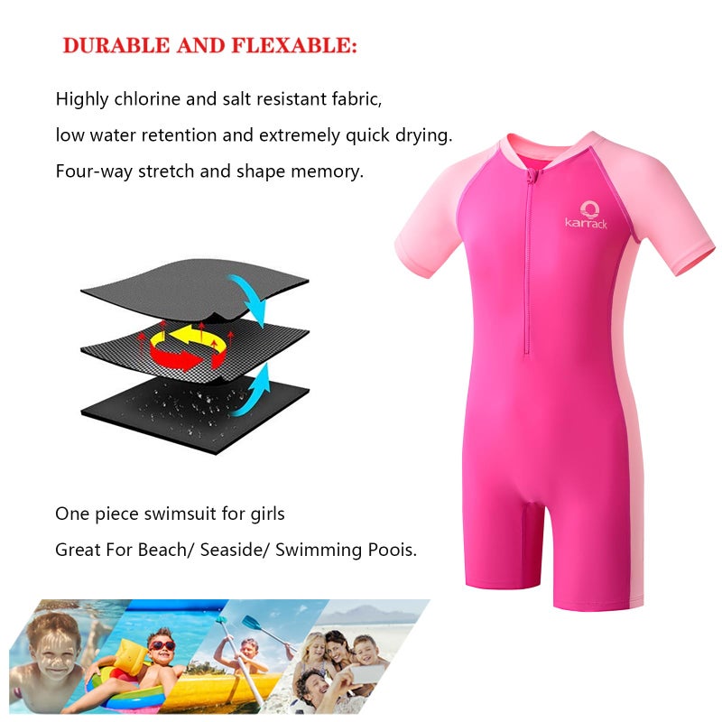 karrack Girls and Boys One Piece Rash Guard Swimsuit Kid Water Sport Short Swimsuit UPF 50+ Sun Protection Bathing Suits Pink (Size 3-5Years) - Image 3